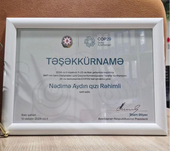 Nədimə Rəhimli Azərbaycan Respublikasının Prezidenti cənab İlham Əliyevin imzası ilə təşəkkürnaməyə layiq görülüb